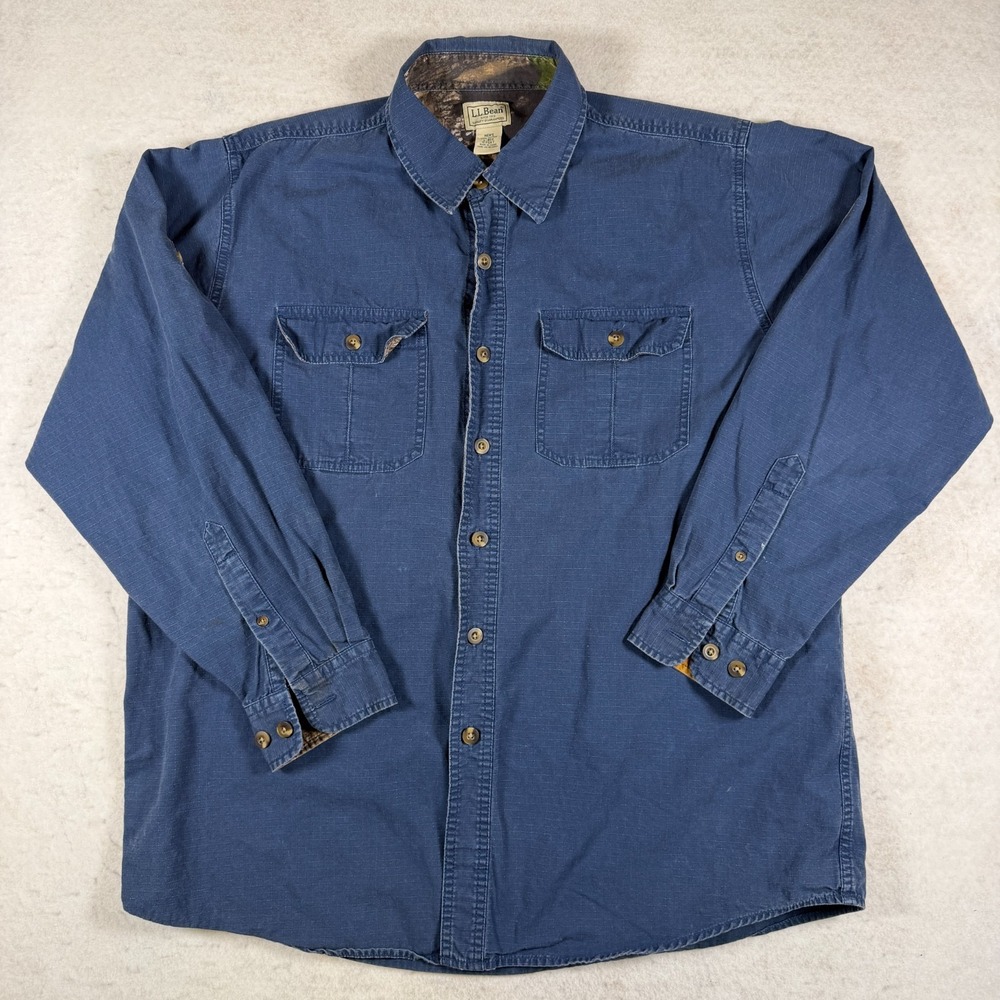 LL Bean Mens Blue Ripstop‎ Cotton Button Down Shirt Camo Trim Large L-REG 0FGX7